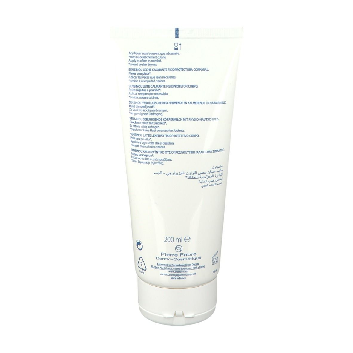 Dos du tube blanc. Texte multilingue. 200 ml. Logo Pierre Fabre.