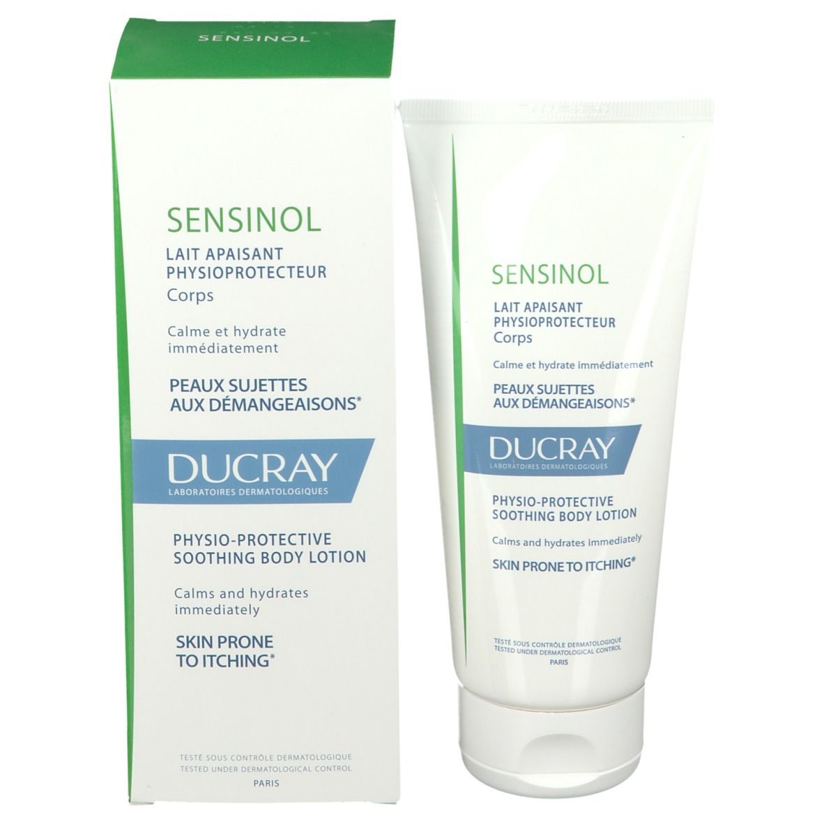 Emballage produit: tube et boîte. Texte: SENSINOL, lotion corporelle apaisante. Marque DUCRAY.