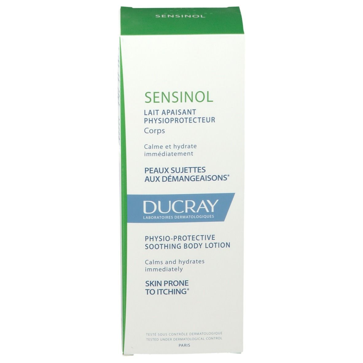 Boîte blanche, étiquette verte et bleue. Texte: SENSINOL, lotion corporelle apaisante. Marque DUCRAY.