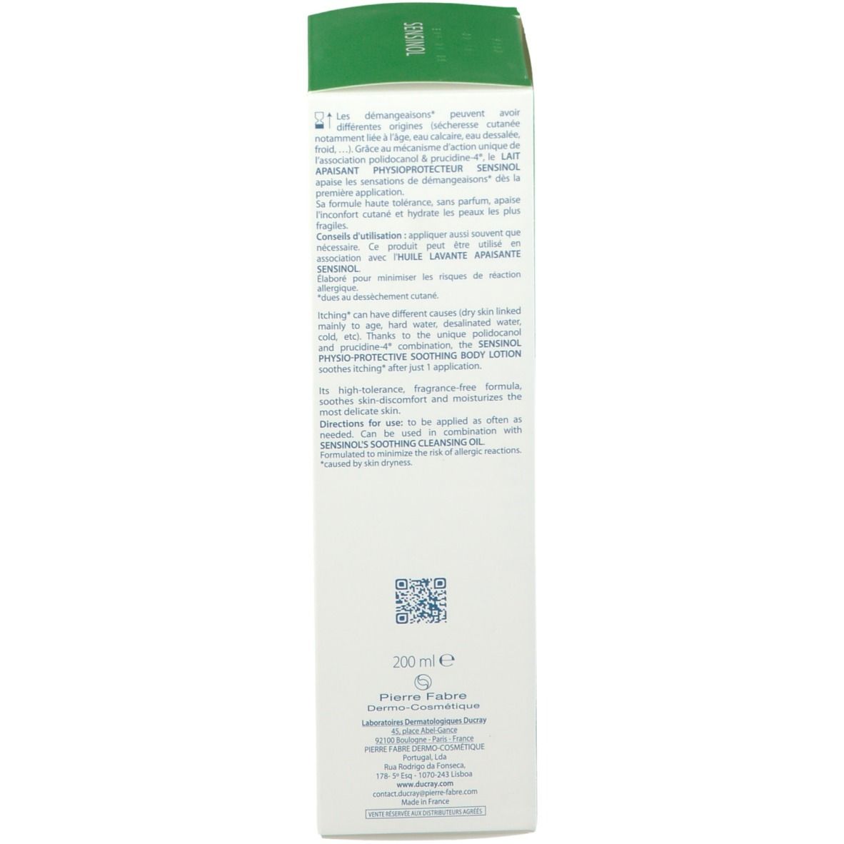 Dos de la boîte. Texte: Conseils d'utilisation, ingrédients. 200 ml. Logo Pierre Fabre.
