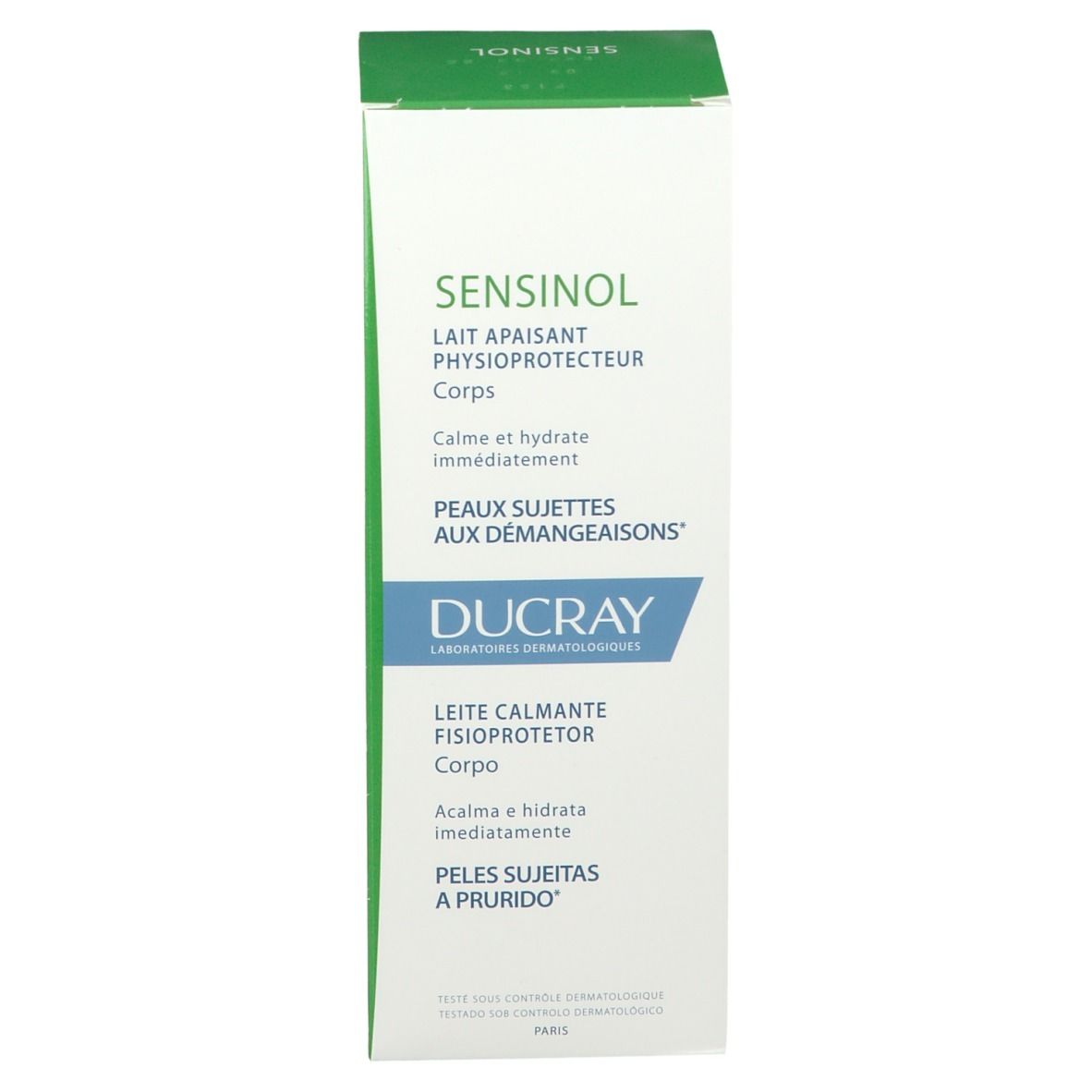 Boîte blanche, étiquette verte et bleue. Texte: SENSINOL, lotion corporelle apaisante. Marque DUCRAY.