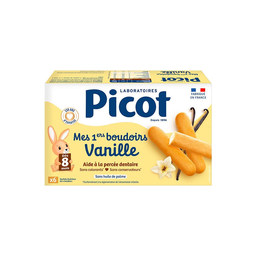 Boîte Picot Mes 1ers Boudoirs Vanille. Logo, illustration d'un lapin, nom du produit et visuel. Fleurs et gousses de vanille.