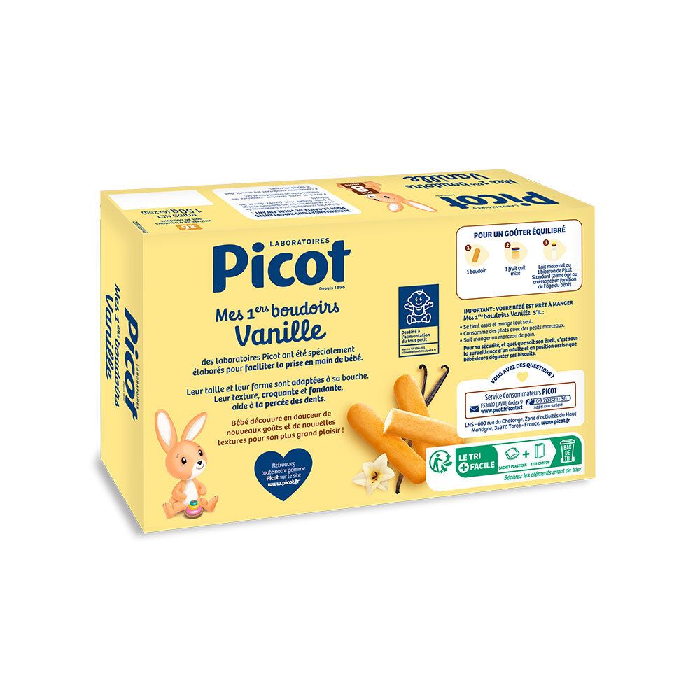 Boîte Picot Mes 1ers Boudoirs Vanille. Vue latérale avec informations nutritionnelles et liste des ingrédients. Nom du produit et logo.