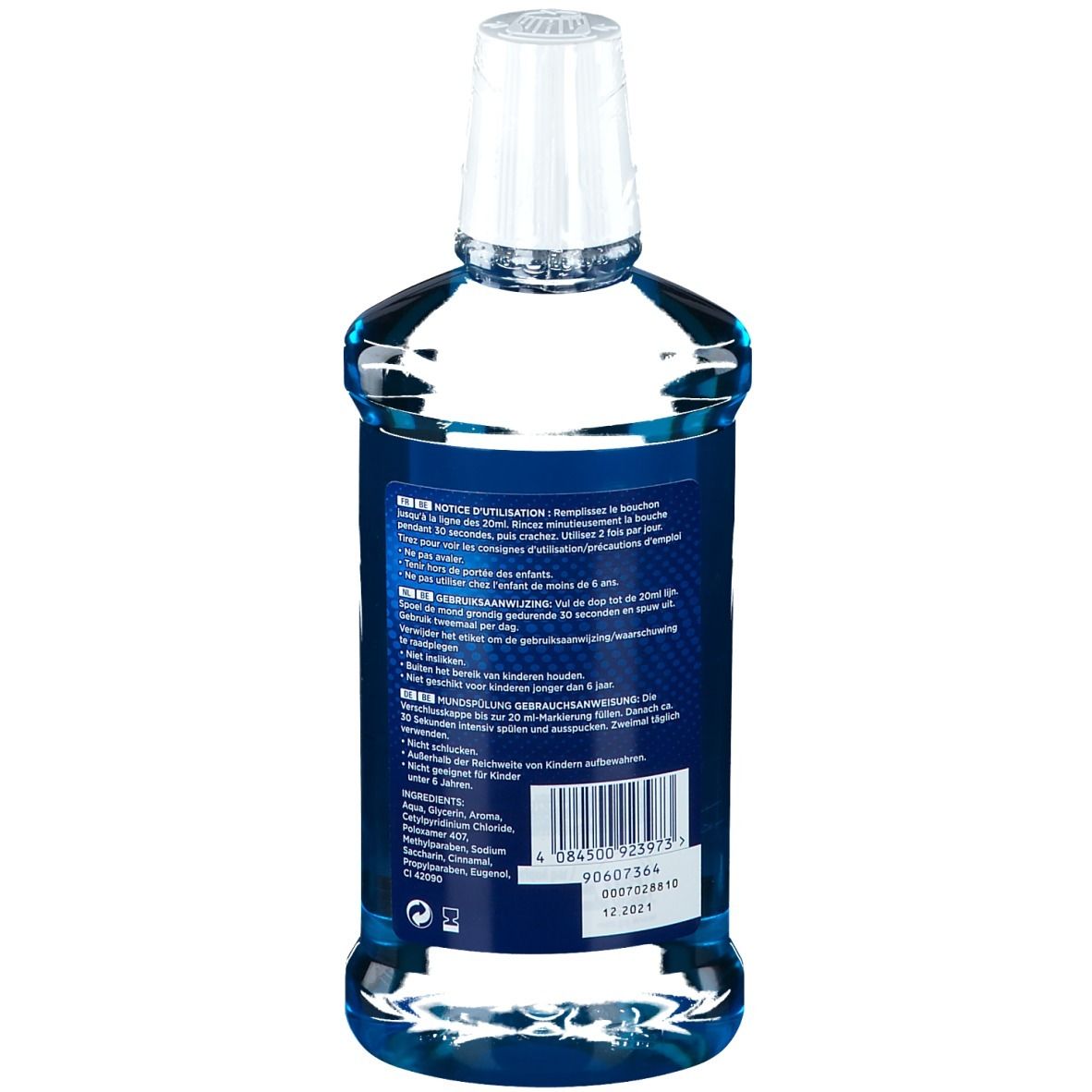 Mundspülungsflasche mit blauem Inhalt. Weißer Verschluss. Rückseite mit Text in mehreren Sprachen und Barcode.