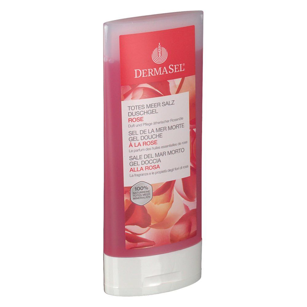 Eine rosa Duschgel-Flasche mit weißem Boden und transparentem Deckel. DermaSel-Logo und Text in mehreren Sprachen.