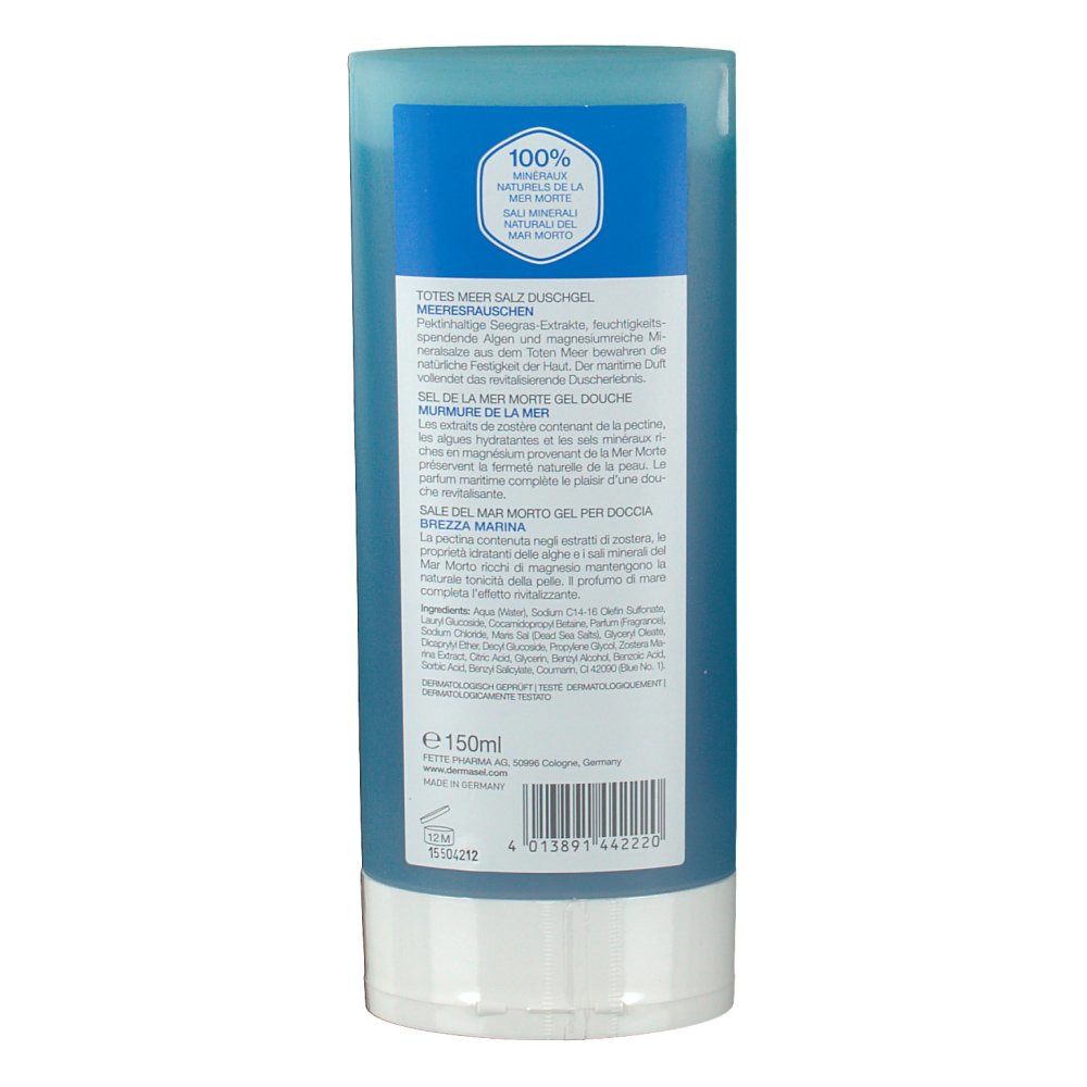 Rückseite der Tube. Text in Deutsch, Französisch, Italienisch. 100% natürliche Mineralien. Inhaltsangaben. Volumen: 150ml.