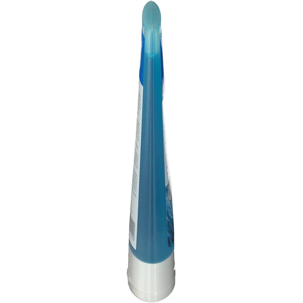 Schlanke, blaue Tube mit weißem Boden. Oben abgerundet. Rückseite mit Text.