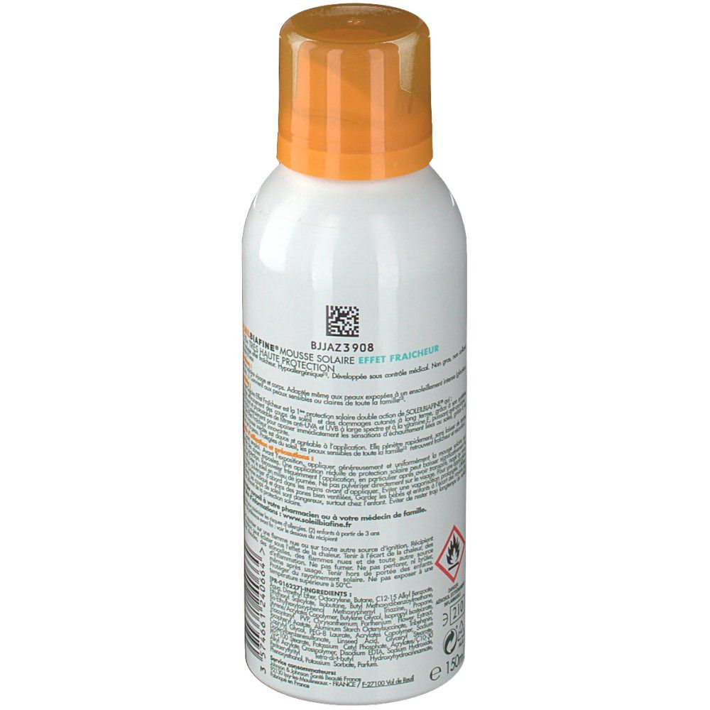 Sonnencreme-Spray, weiß, mit orangefarbenem Deckel. Text auf Französisch. Enthält 150 ml. Warnhinweis: leicht entzündlich.
