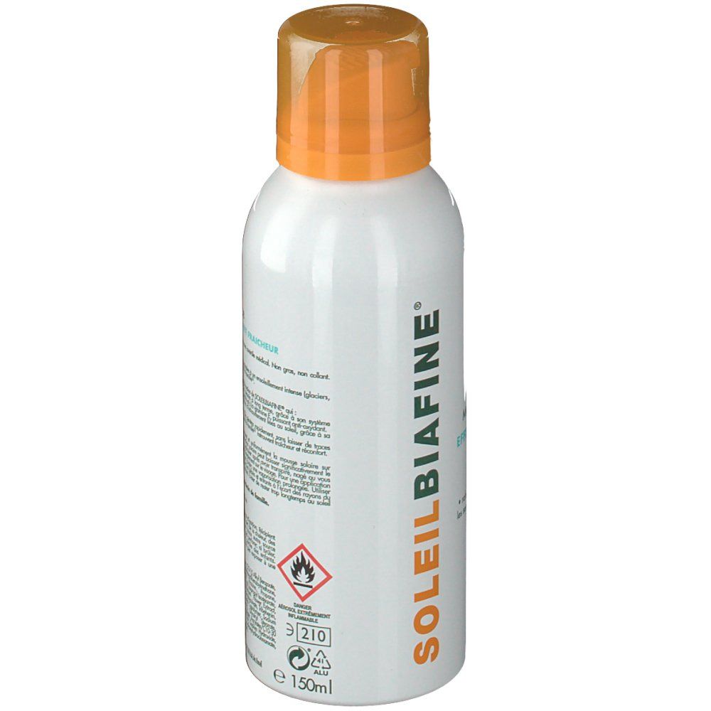 Sonnencreme-Spray, weiß, mit orangefarbenem Deckel. Aufschrift: SOLEIL BIAFINE. Enthält 150 ml. Warnhinweis: leicht entzündlich.