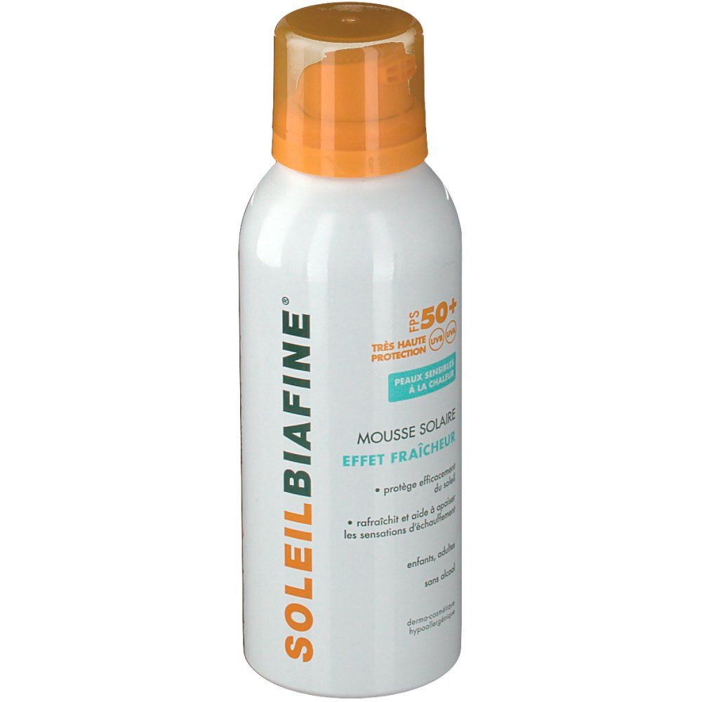 Weißes Sonnencreme-Spray mit orangefarbenem Deckel. Aufschrift: SOLEIL BIAFINE. Text: MOUSSE SOLAIRE EFFET FRAÎCHEUR. SPF 50+.