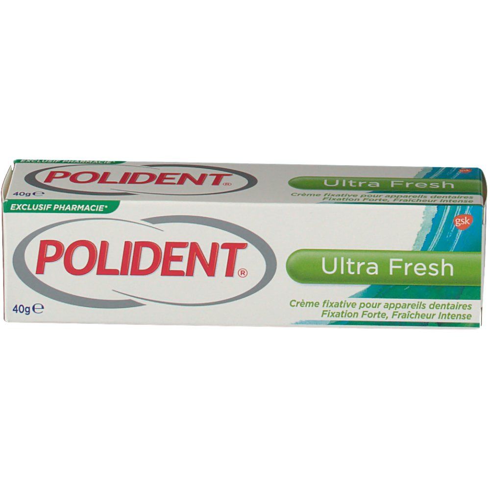Emballage POLIDENT® Ultra Fresh. Blanc, vert et rouge. Texte: Ultra Fresh, POLIDENT®, 40g. Vue de face.