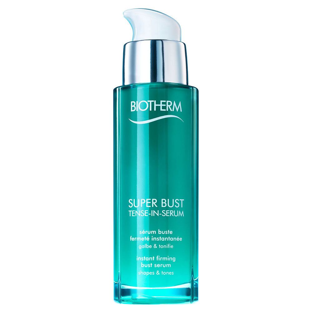 Biotherm Super Bust Tense-In-Serum. Türkisgrüne Flasche mit silbernem Pumpkopf. Produktname und Beschreibung auf der Vorderseite.