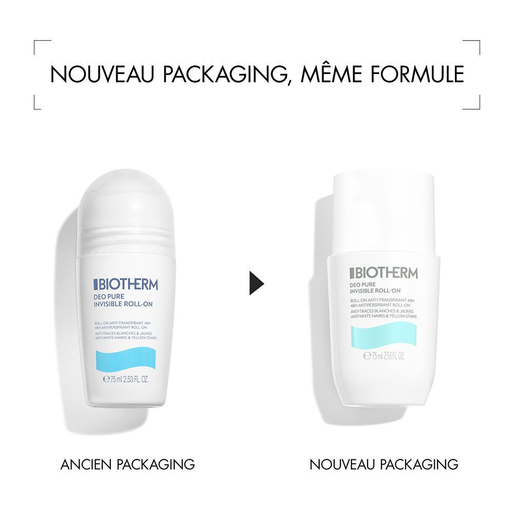 Comparaison de deux déodorants roll-on BIOTHERM. À gauche : ancien design. À droite : nouveau design. Texte : « NOUVEAU PACKAGING, MÊME FORMULE ».