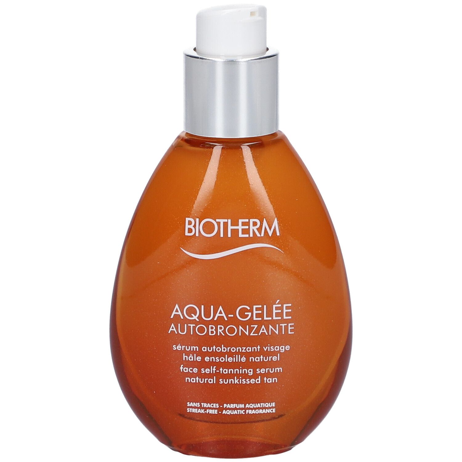 BIOTHERM AQUA-GELÉE Selbstbräuner. Flasche mit Pumpe. Text: AQUA-GELÉE AUTOBRONZANTE, face self-tanning serum.