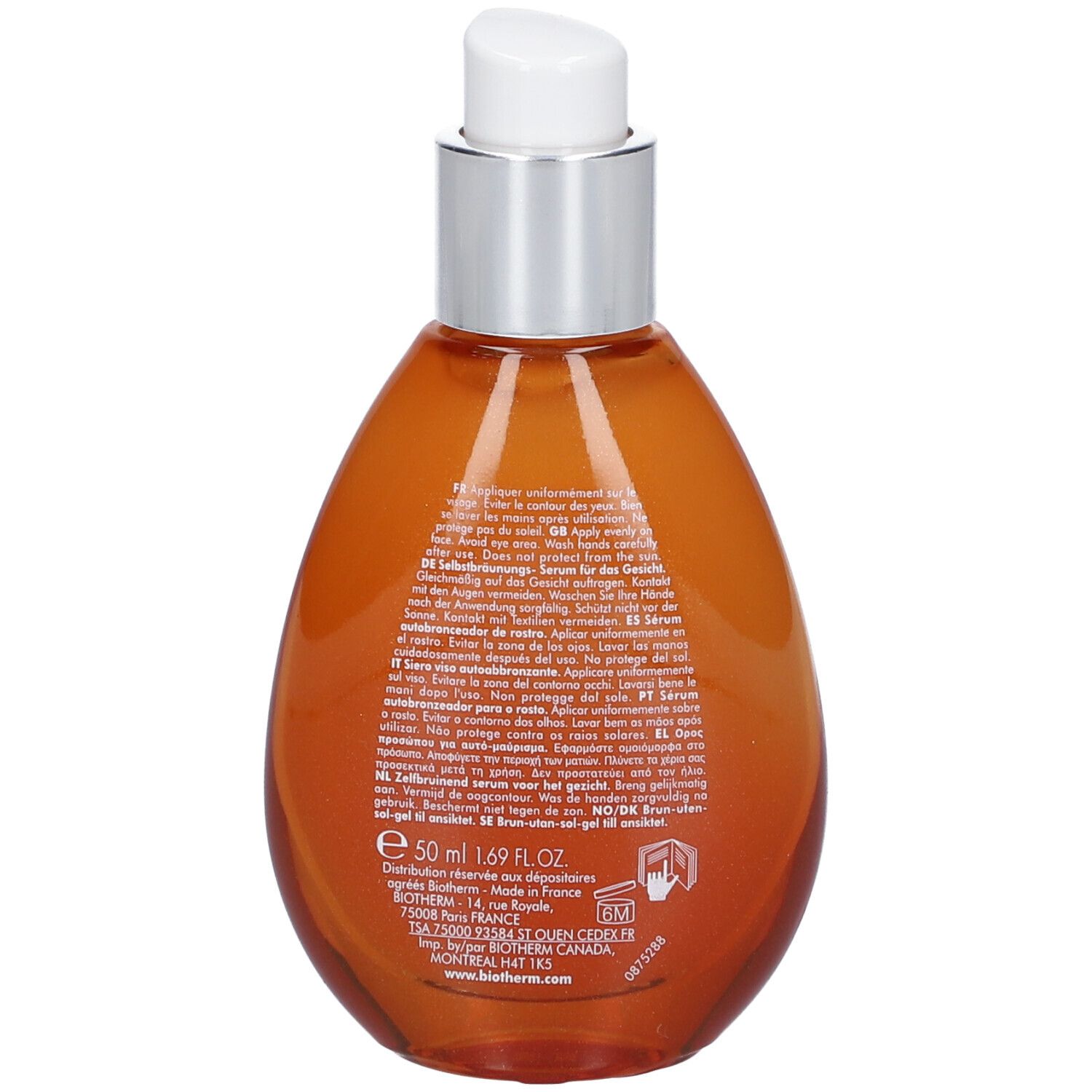 Rückseite der BIOTHERM AQUA-GELÉE Selbstbräuner Flasche. Text in mehreren Sprachen. Inhaltsstoffe und Herstellerinformationen.