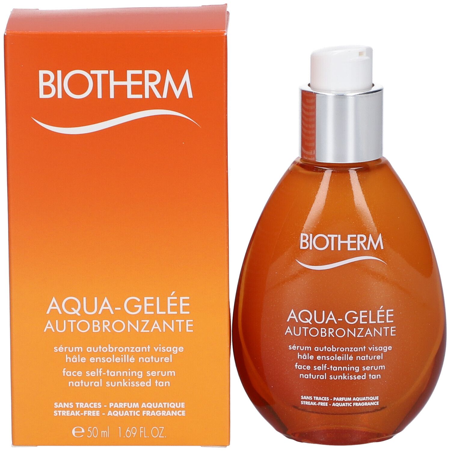 BIOTHERM AQUA-GELÉE Selbstbräuner und Verpackung. Text: AQUA-GELÉE AUTOBRONZANTE, face self-tanning serum. 50 ml.