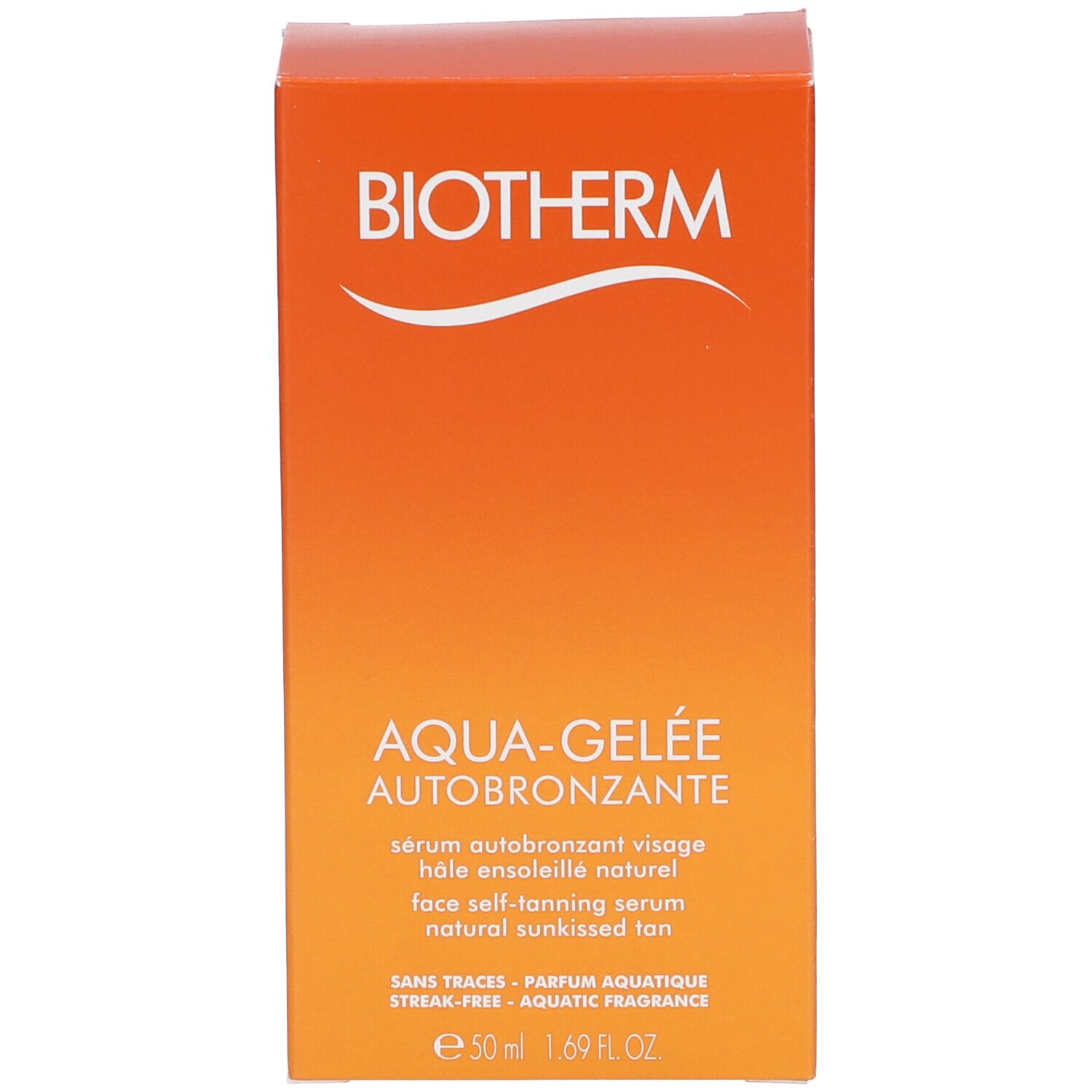 BIOTHERM AQUA-GELÉE Selbstbräuner Verpackung. Text: AQUA-GELÉE AUTOBRONZANTE, face self-tanning serum. 50 ml.