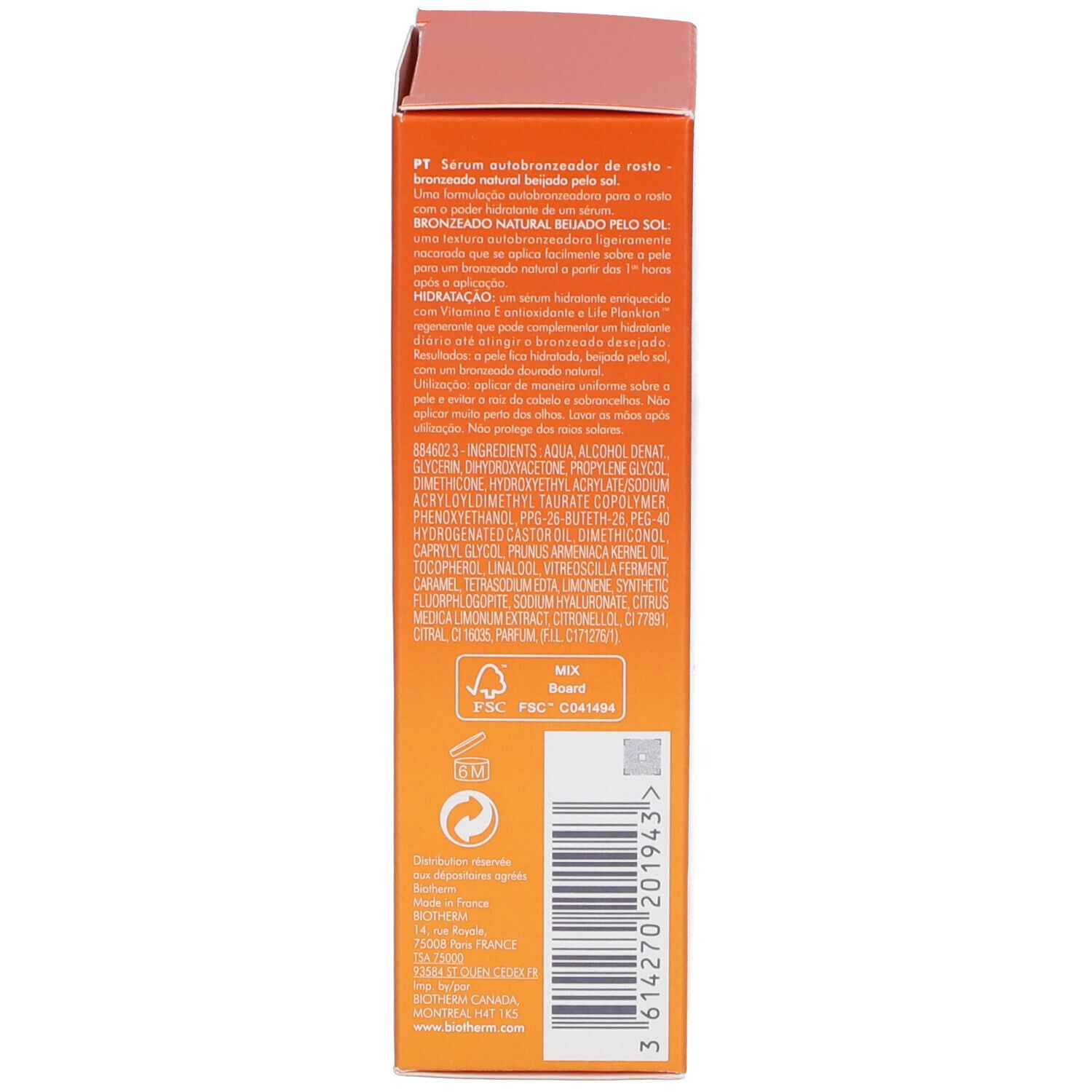 Rückseite der BIOTHERM AQUA-GELÉE Verpackung. Text in mehreren Sprachen. Inhaltsstoffe und Herstellerinformationen.
