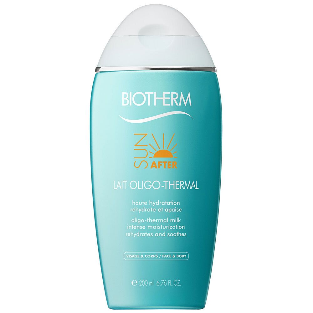Türkisgrüne Flasche mit weißem Deckel. Aufschrift: Biotherm, Sun After, Lait Oligo-Thermal. Für Gesicht & Körper.