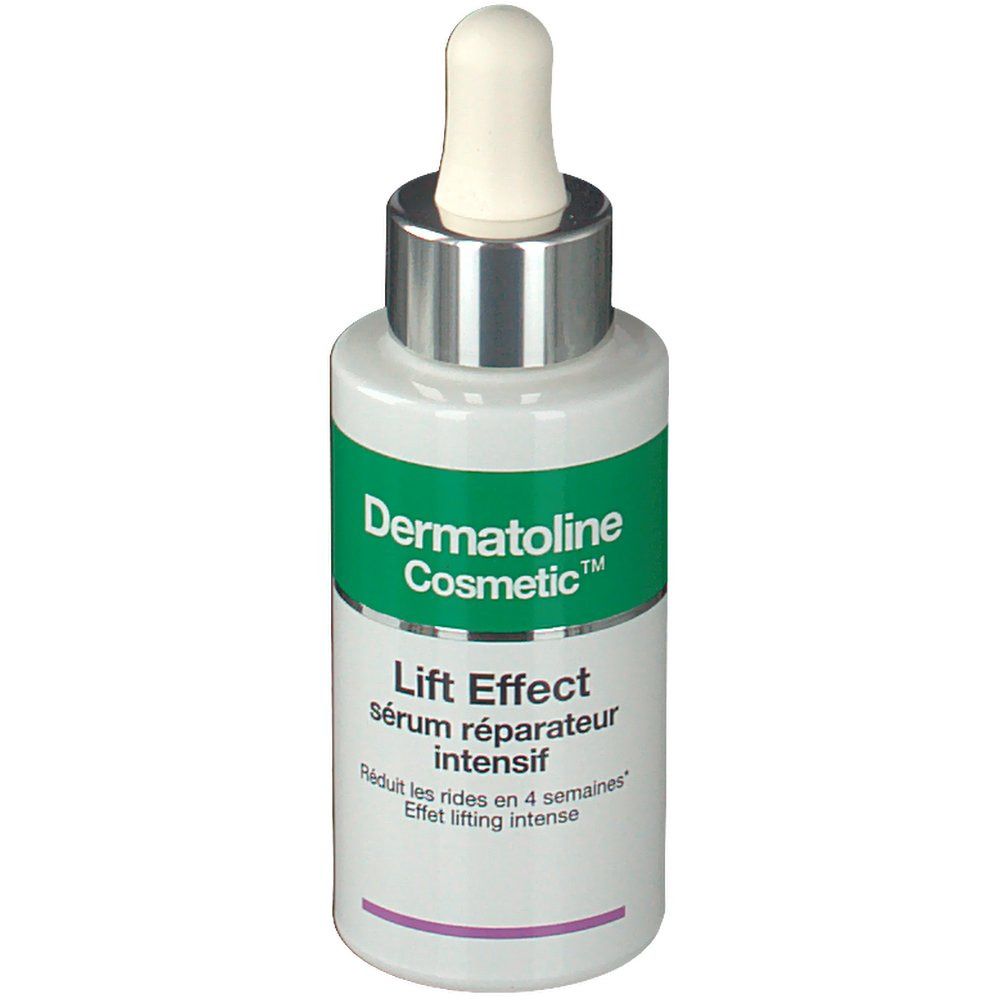 Serumflasche mit Pipette. Aufschrift: Dermatoline Cosmetic, Lift Effect, sérum réparateur intensif. Reduziert Falten in 4 Wochen.
