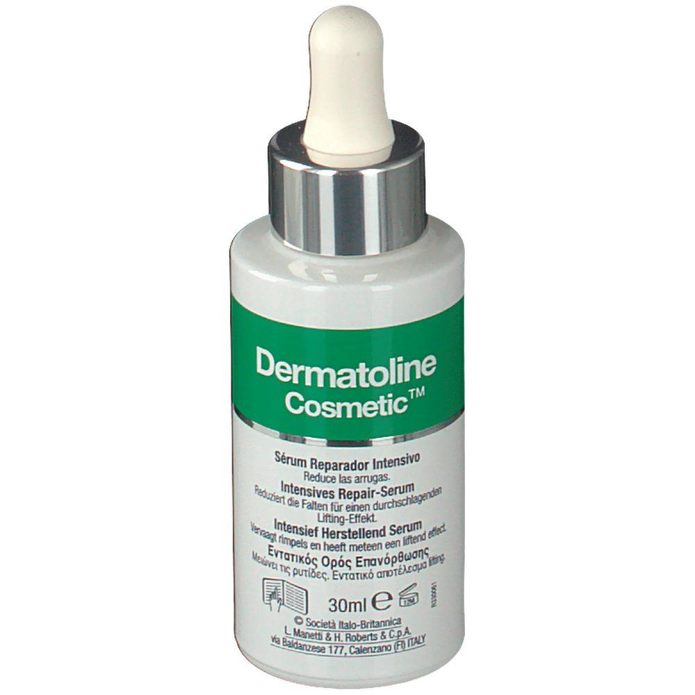 Serumflasche mit Pipette. Aufschrift: Dermatoline Cosmetic, Intensives Repair-Serum, 30ml. Mehrsprachige Produktinformationen.