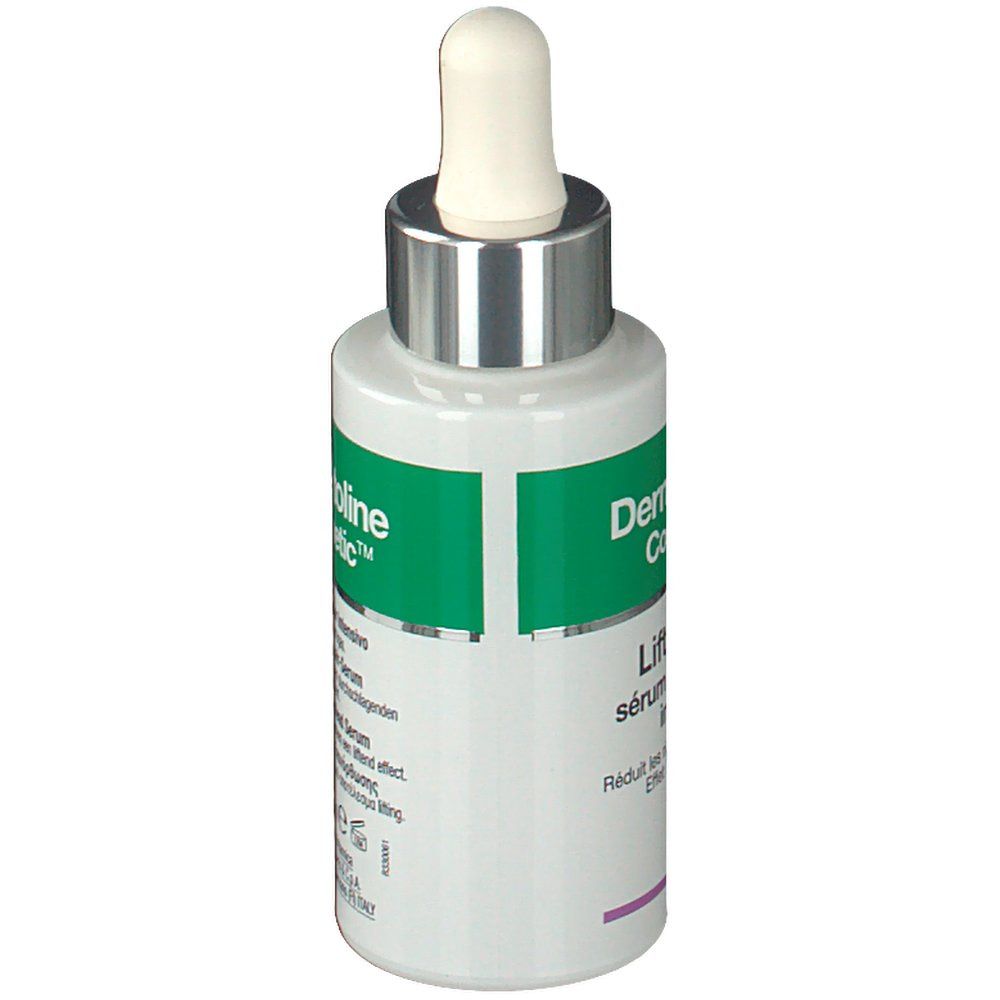 Serumflasche mit Pipette. Aufschrift: Dermatoline Cosmetic, Lift Effect, sérum réparateur intensif. Seitenansicht der Produktverpackung.