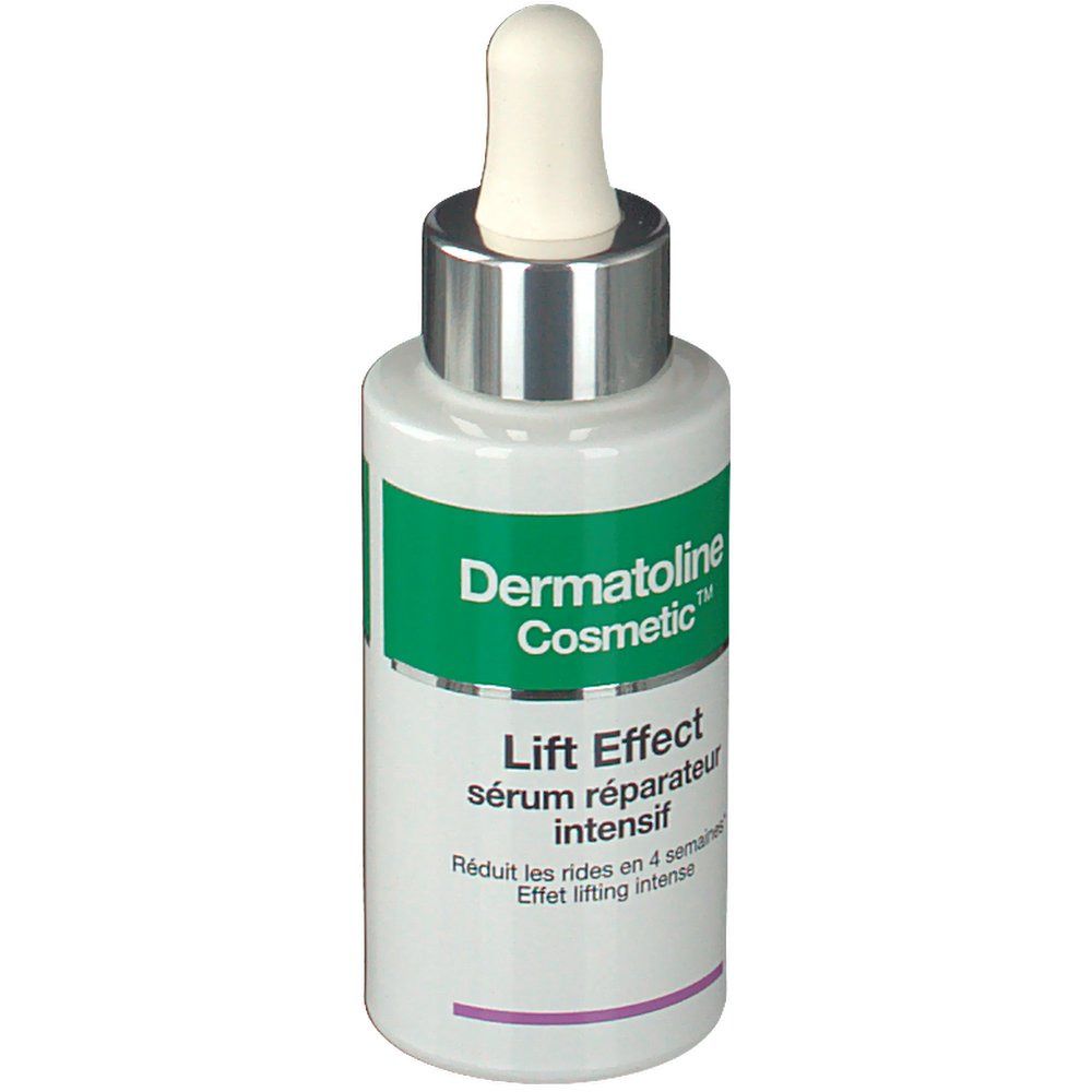 Serumflasche mit Pipette. Aufschrift: Dermatoline Cosmetic, Lift Effect, sérum réparateur intensif. Produktverpackung.