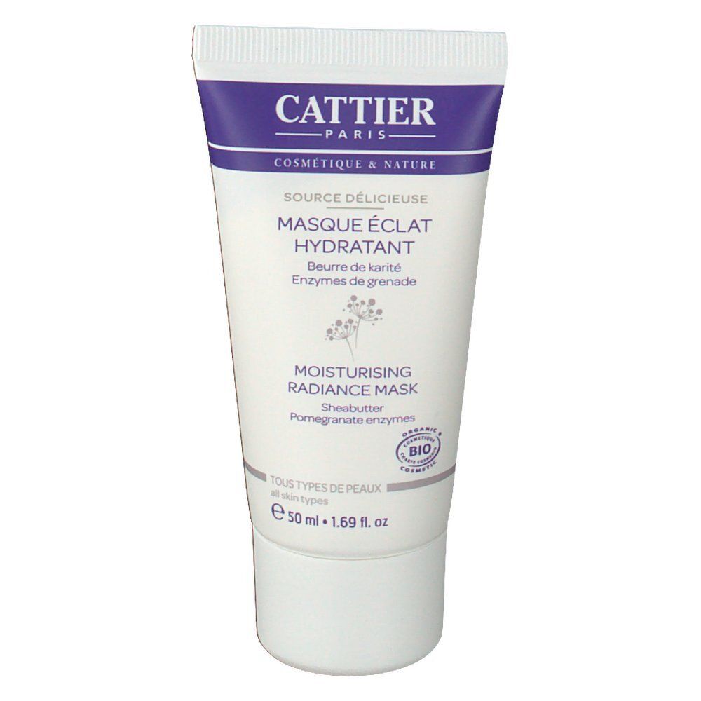 Tube blanc Cattier, bouchon violet. Inscription: Masque éclat hydratant. Contient 50 ml. Certifié bio.