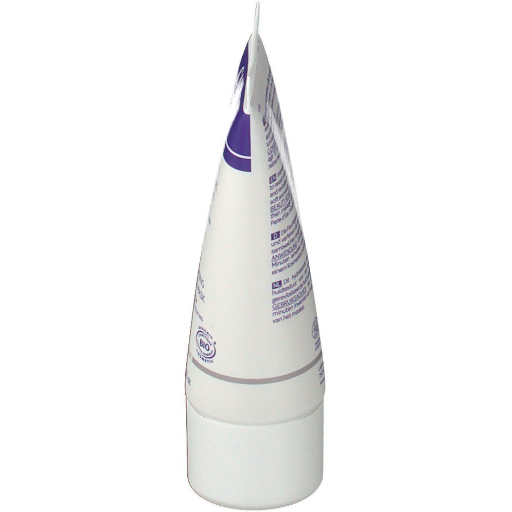 Vue latérale du tube blanc. Bouchon violet avec informations produit. Certification bio.