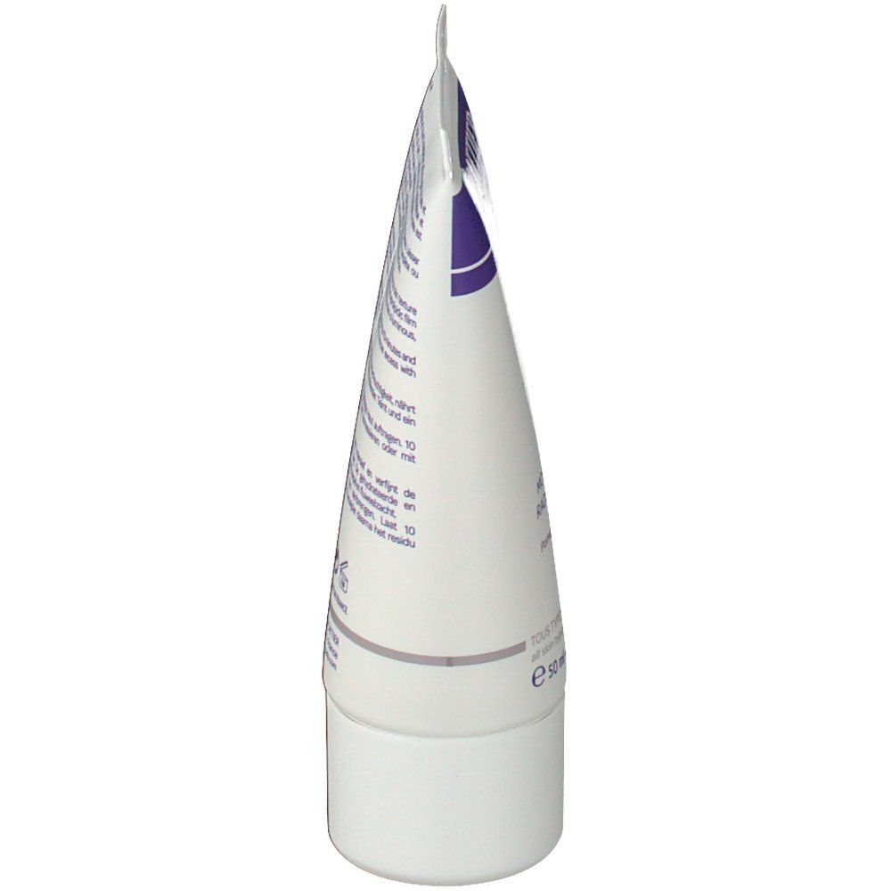 Vue latérale du tube blanc. Bouchon violet avec informations produit. Certification bio.