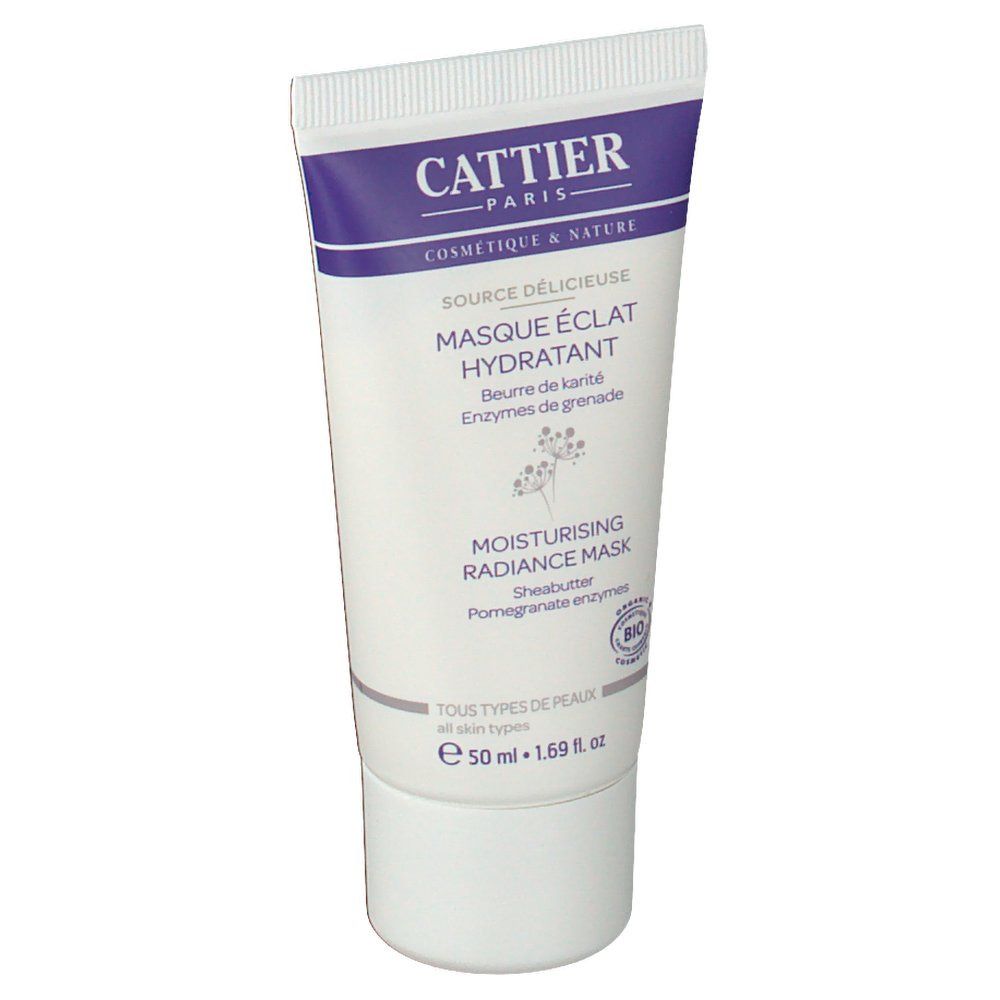 Tube blanc Cattier, bouchon violet. Inscription: Masque éclat hydratant. Contient 50 ml. Certifié bio.