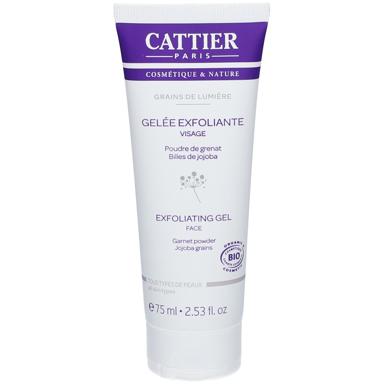 Weiß-violette Tube mit Produktbezeichnung und Inhaltsstoffen. Bio-Zertifizierung. Volumen: 75 ml.