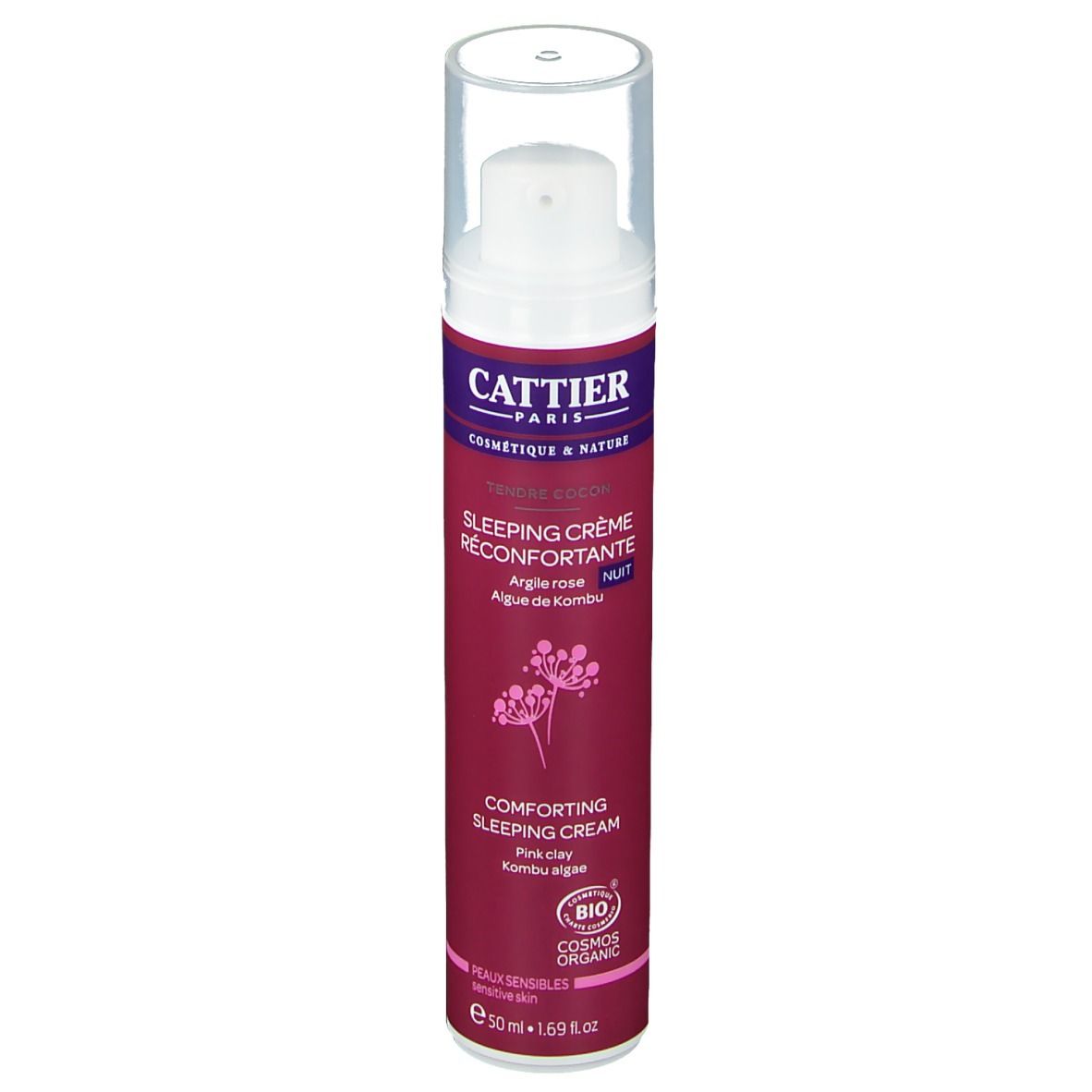 Cattier Crème de nuit. Flacon rose avec pompe et bouchon transparent. Texte: Sleeping Crème Réconfortante, certification bio.
