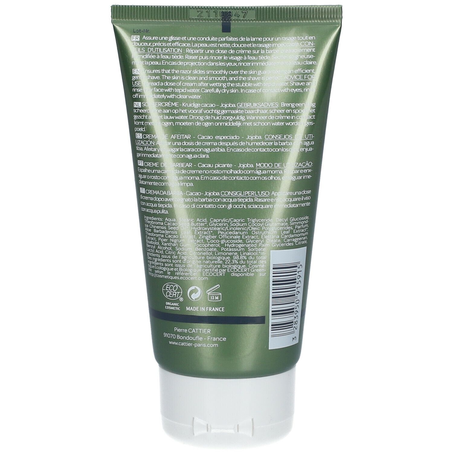 Grüne Tube mit weißem Verschluss. Text in mehreren Sprachen. Aufschrift "Made in France" und Eco-Zertifizierung.