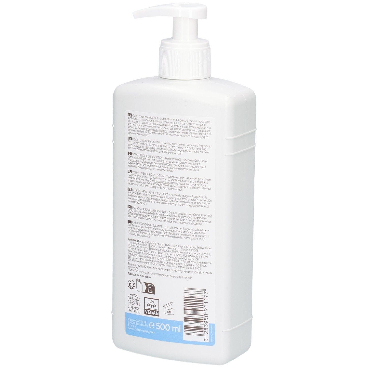 Vue latérale d'un flacon blanc avec pompe, Lait Corps Cattier Paris, 500 ml.