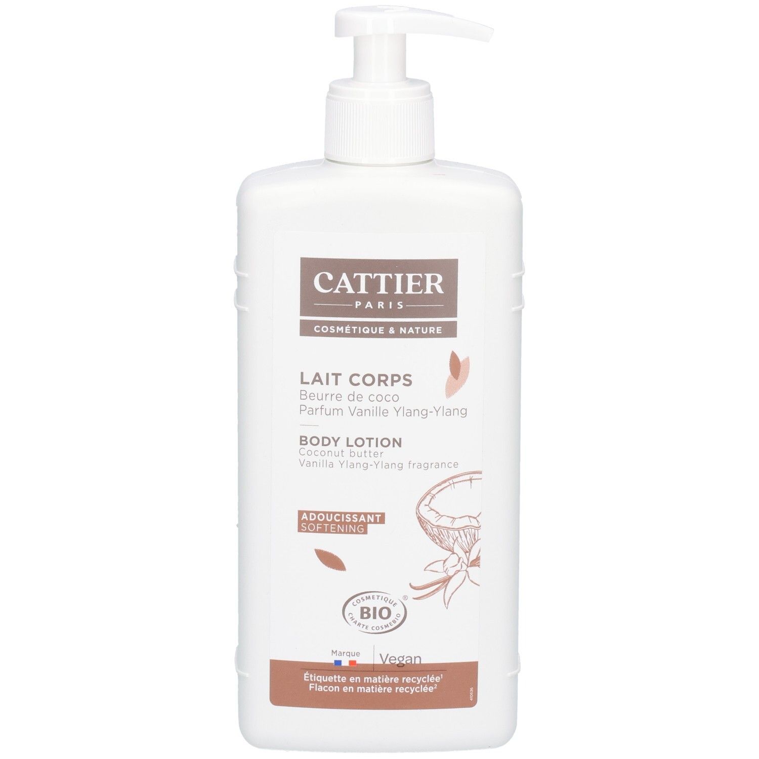 Flacon blanc avec pompe, Lait Corps Cattier Paris, parfum Vanille Ylang-Ylang, label Bio.