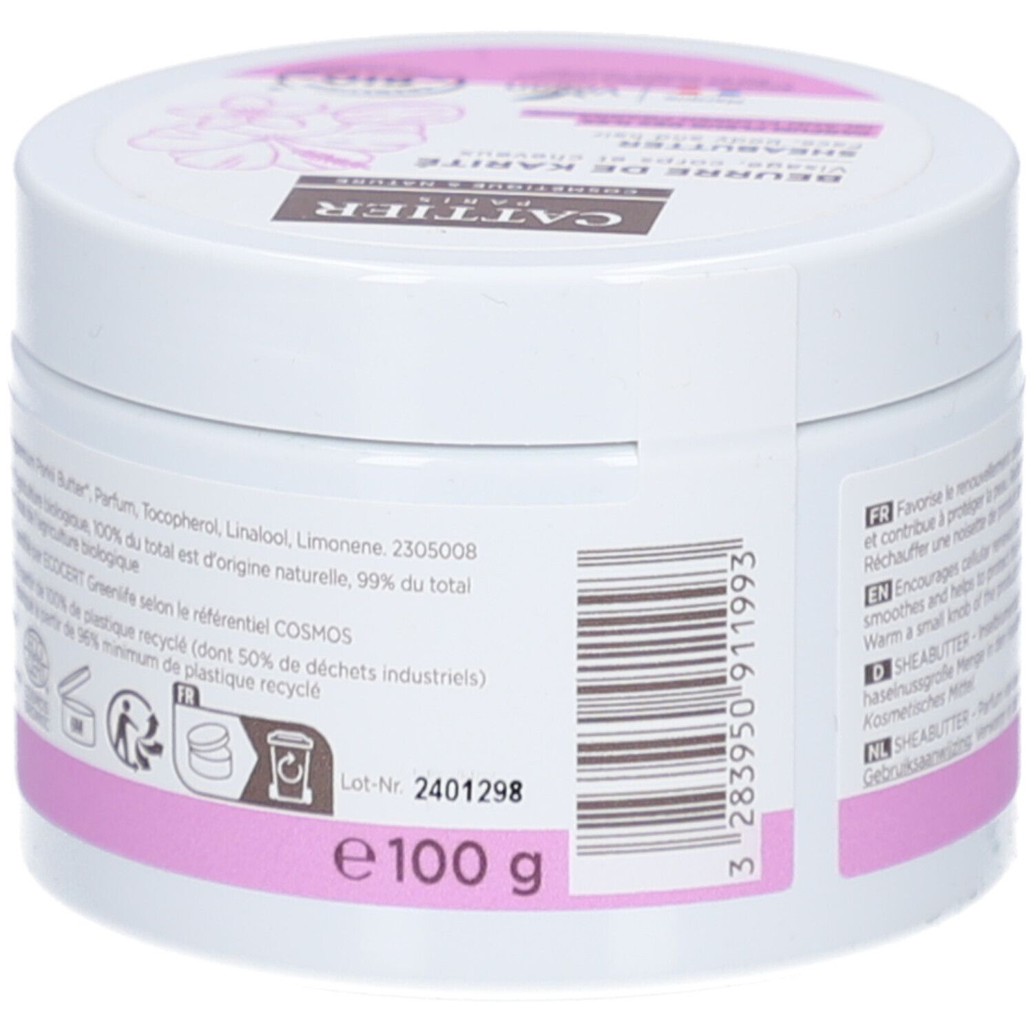 Weißer Tiegel, Rückseite mit Text und Angaben. Aufschrift: 100 g. Recycling-Symbol.