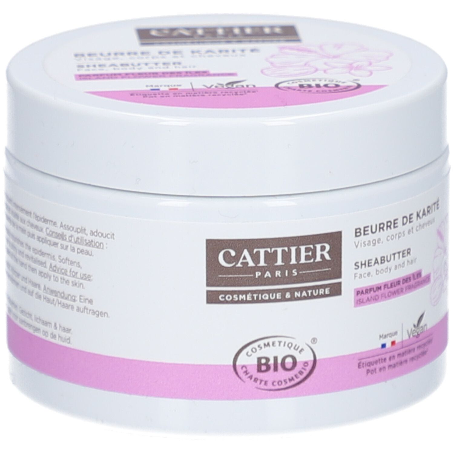 Weißer Tiegel mit rosa Band. Aufschrift: Cattier, Beurre de Karité, Sheabutter. Bio-Zertifizierung. Vegan.