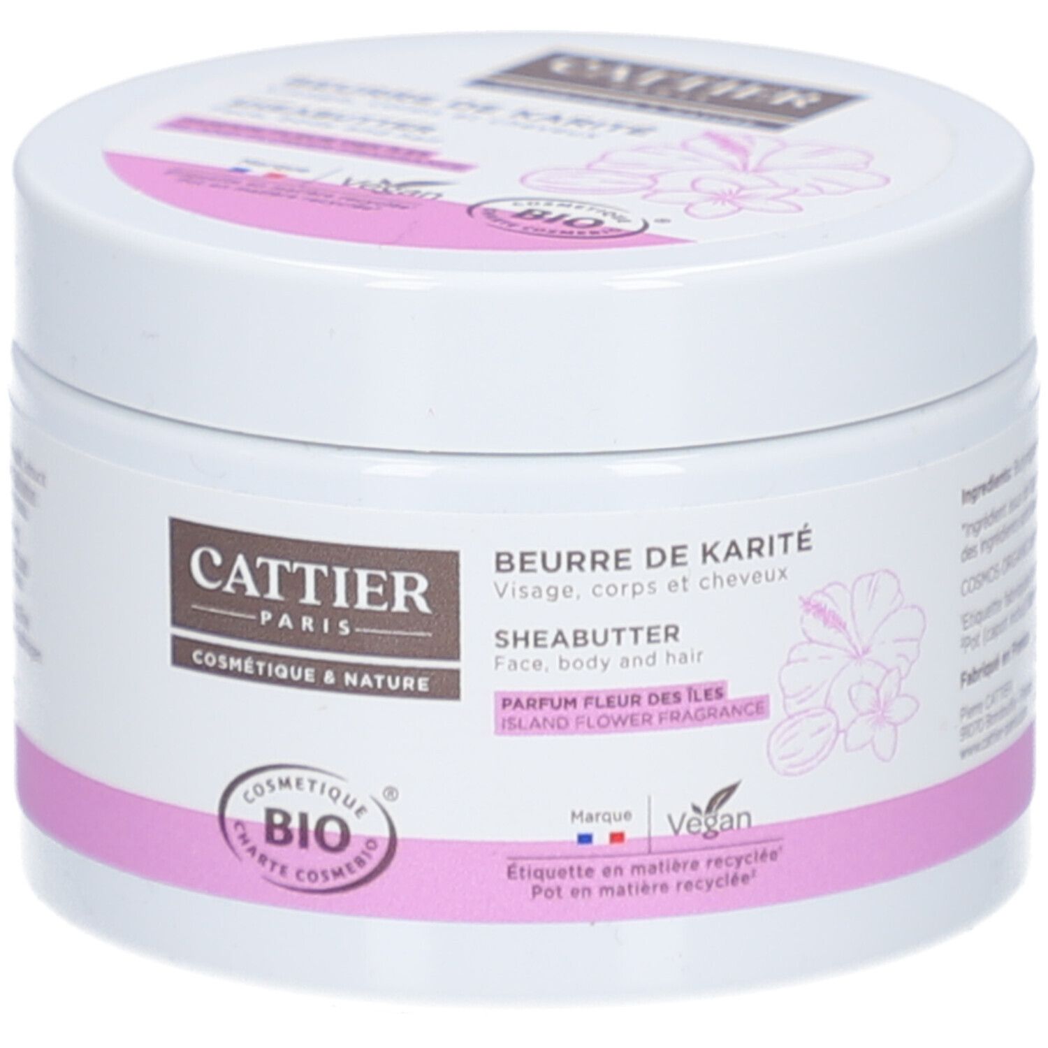Weißer Tiegel mit rosa Band. Aufschrift: Cattier, Beurre de Karité, Sheabutter. Bio-Zertifizierung. Vegan.
