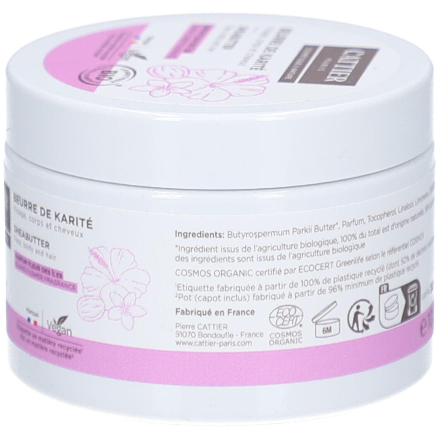 Weißer Tiegel, Rückseite mit Text. Aufschrift: Beurre de Karité, Sheabutter. Inhaltsstoffe, Zertifizierungen.