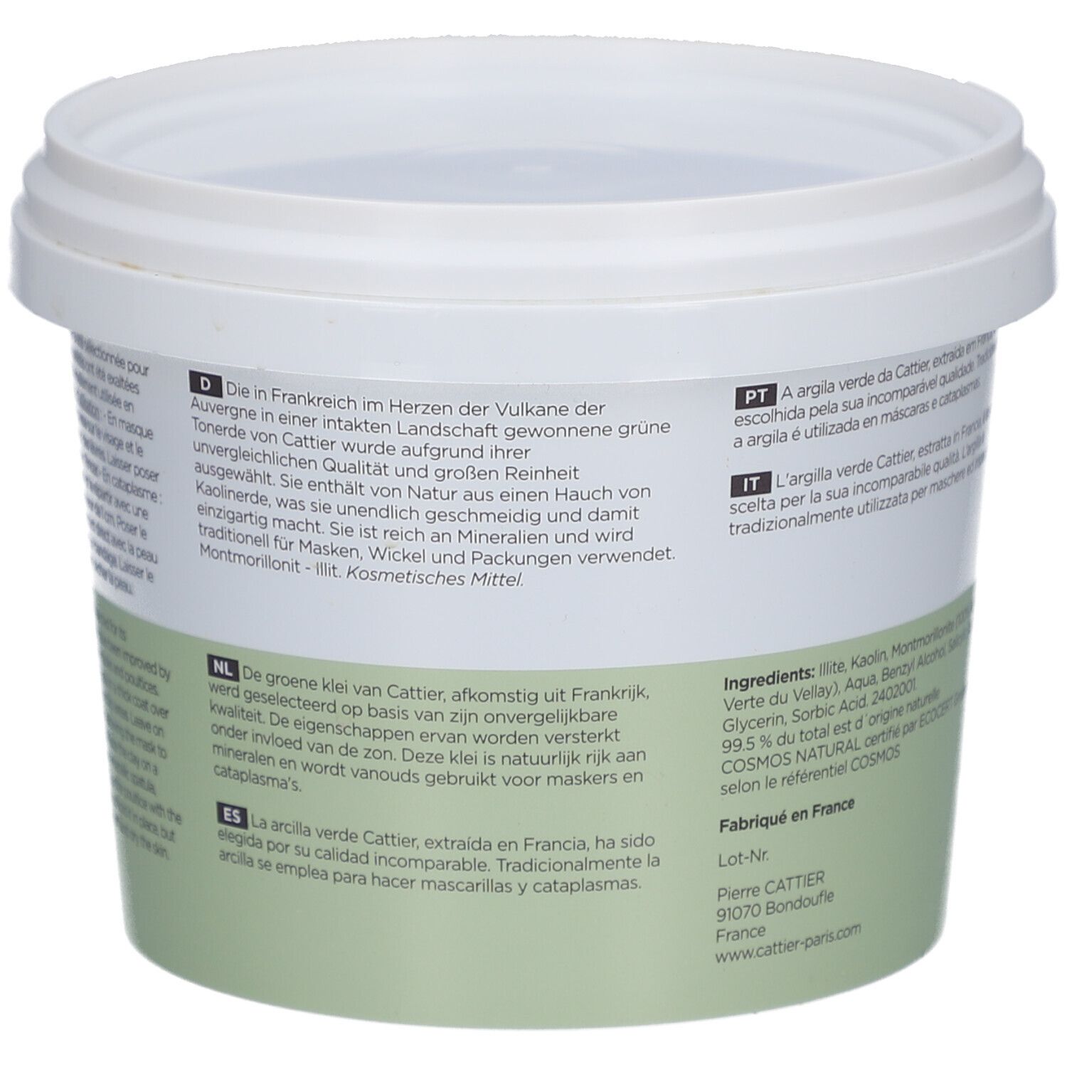 Dos du seau. Texte multilingue. Liste des ingrédients. Fabriqué en France.