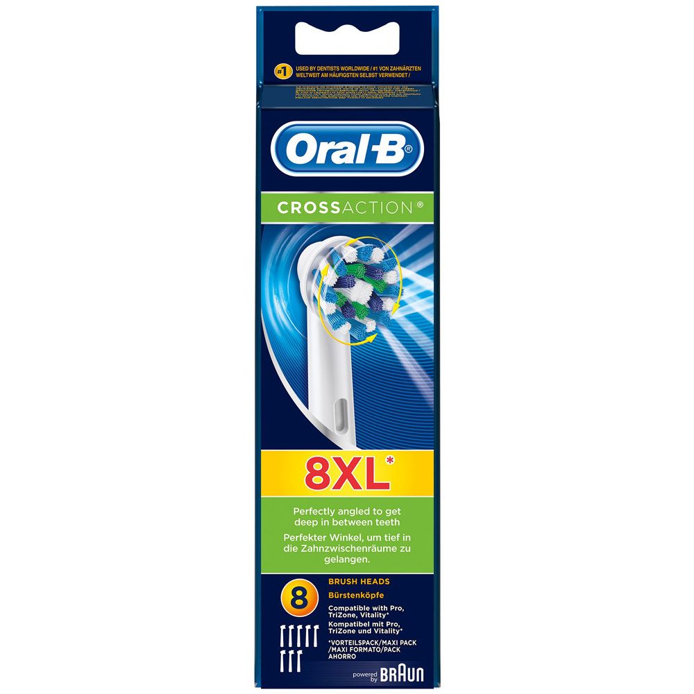 Emballage de têtes de brosse Oral-B CrossAction. Paquet 8XL. Soies bleues, vertes et blanches. Logo Braun.