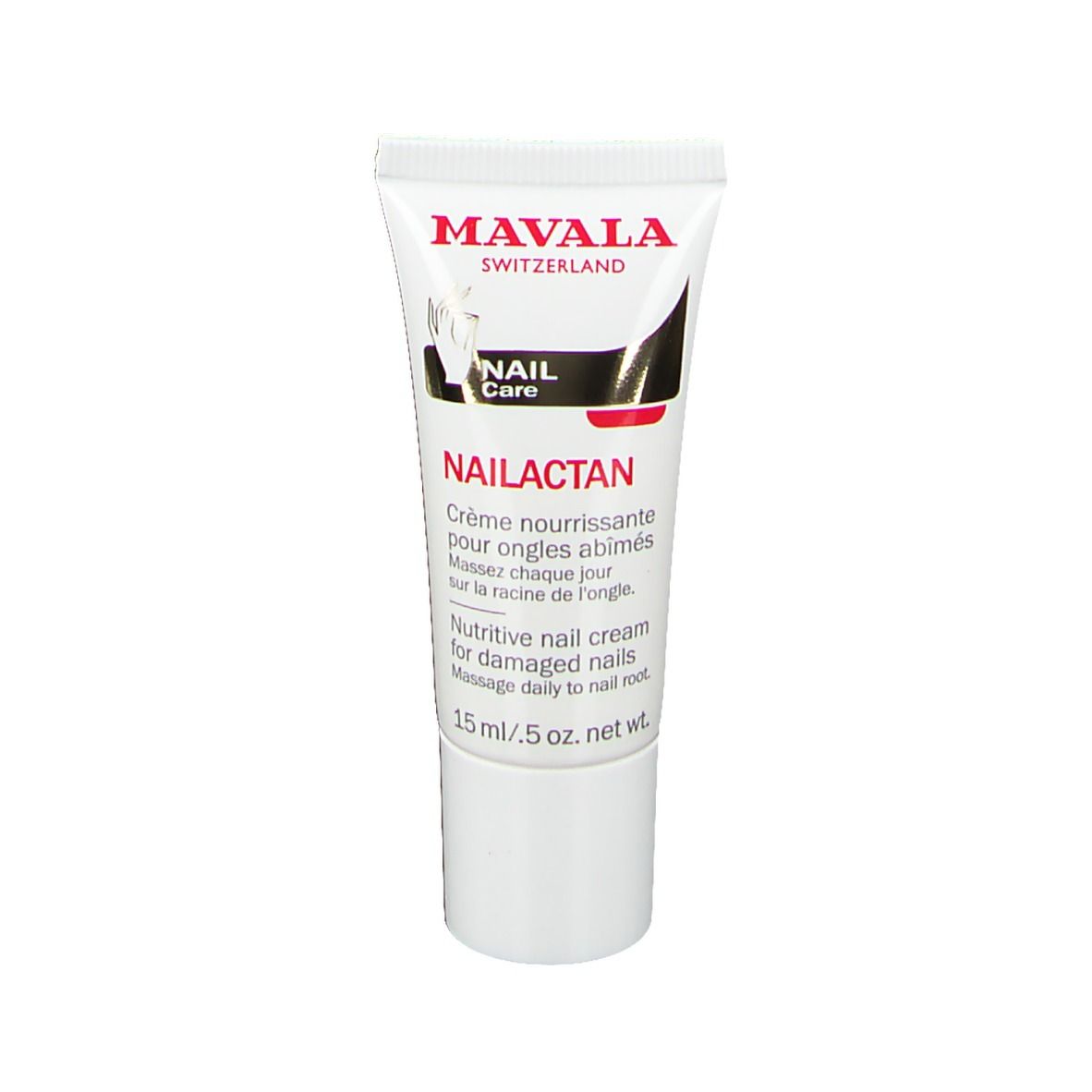 Mavala Nailactan Tube. Weiße Tube mit roter und schwarzer Schrift. Produktname und Marke deutlich sichtbar.