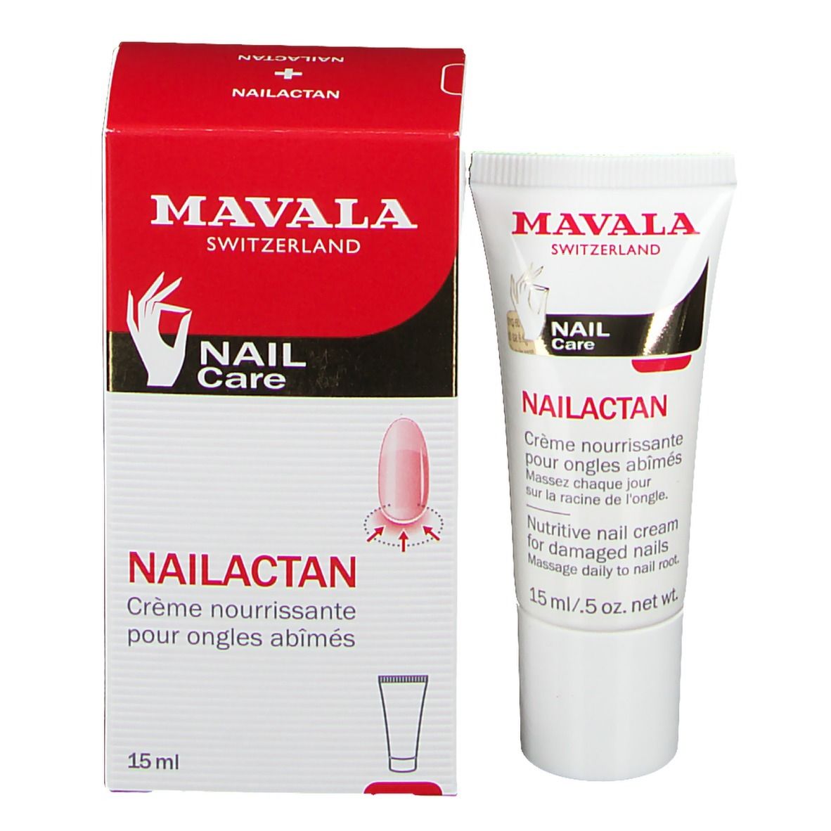 Mavala Nailactan Tube und Verpackung. Rote Schachtel mit Tube. Produktname und Marke deutlich sichtbar.