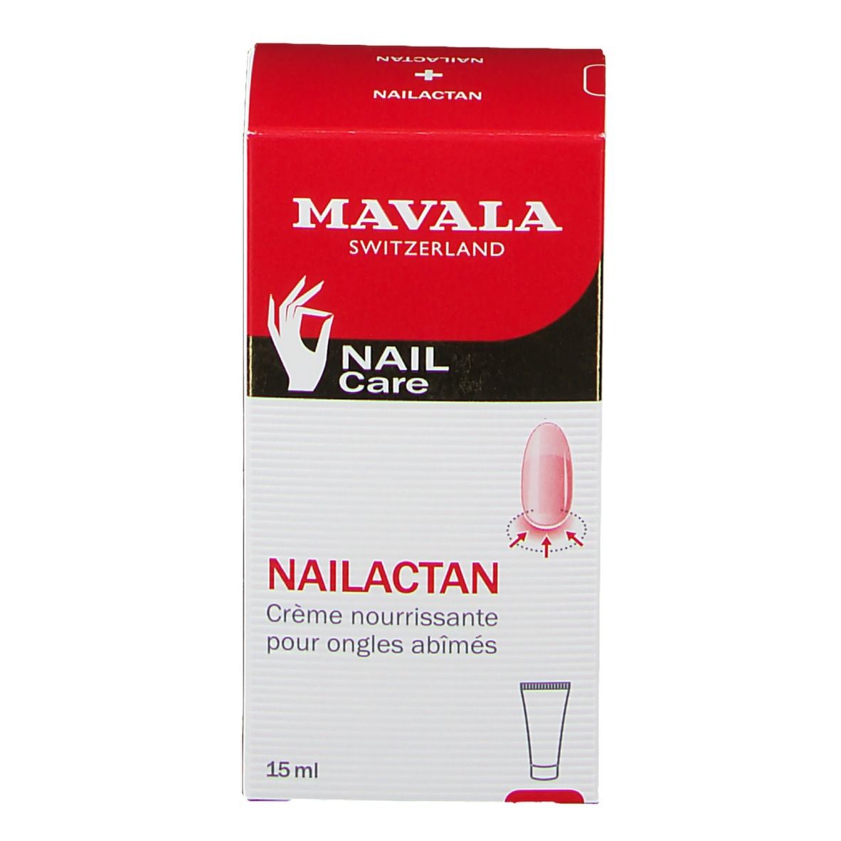 Rote Schachtel Mavala Nailactan. Produktname und Marke. Abbildung eines Nagels.