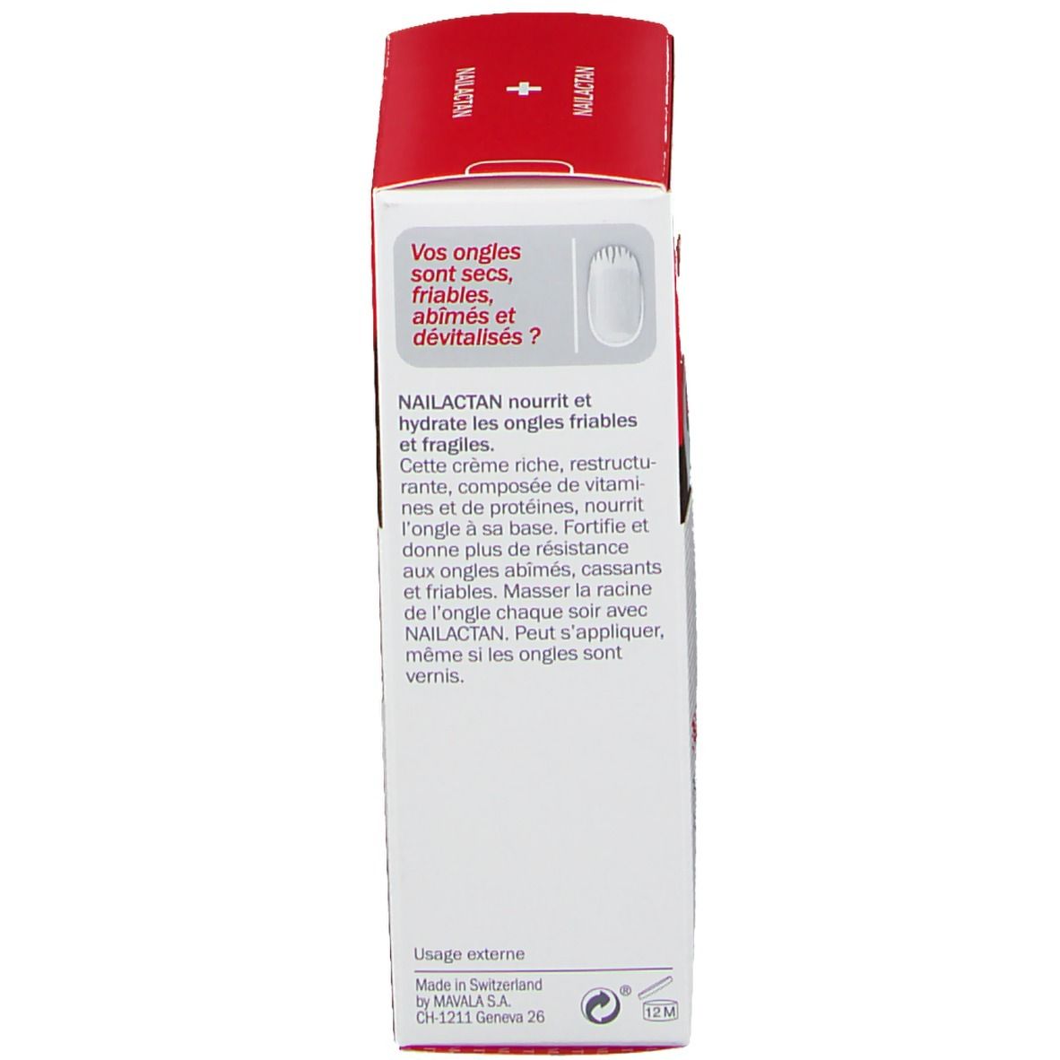 Rückseite der Mavala Nailactan Verpackung. Text in Französisch. Produktinformationen.