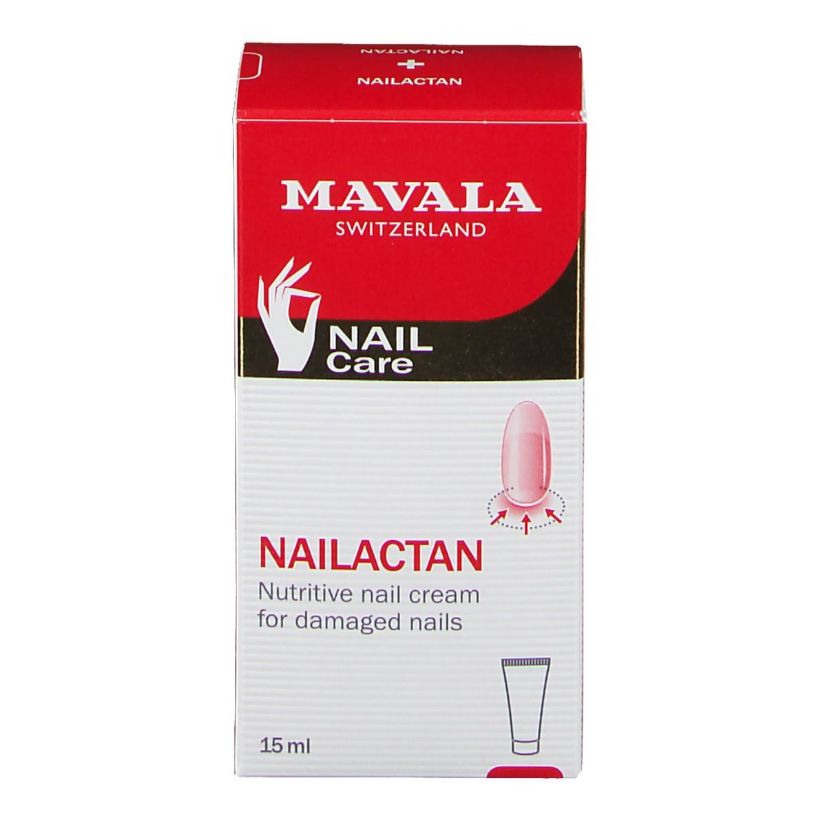 Vorderseite der Mavala Nailactan Verpackung. Rote Schachtel mit Produktnamen und Marke.
