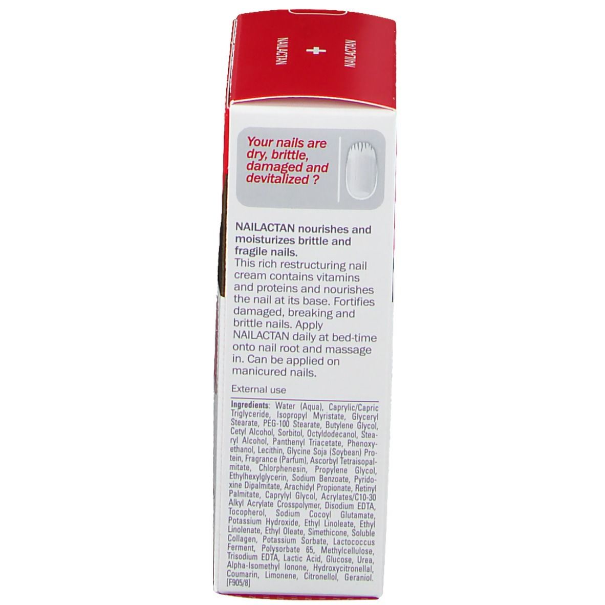 Rückseite der Mavala Nailactan Verpackung. Inhaltsstoffe und Anwendungshinweise.
