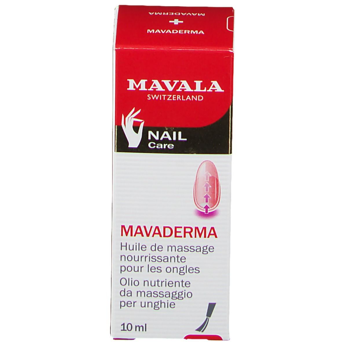 Emballage Mavala Mavaderma. Inscription : Mavala, Nail Care, Nourishing Massage Oil for Nails, 10 ml.