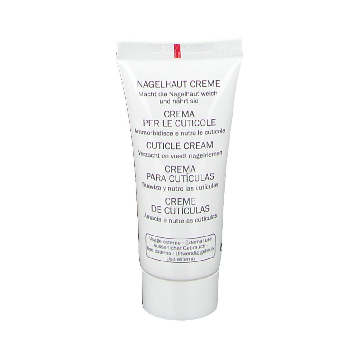 Tube blanc avec texte multilingue. Crème pour cuticules. Usage externe.